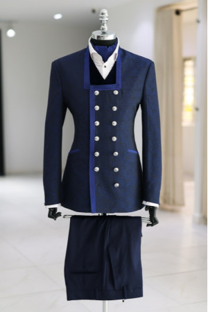 Jensen Fashion Navy Blue Shawl Lapel Jacquard Double Breasted Men Suits For Prom 