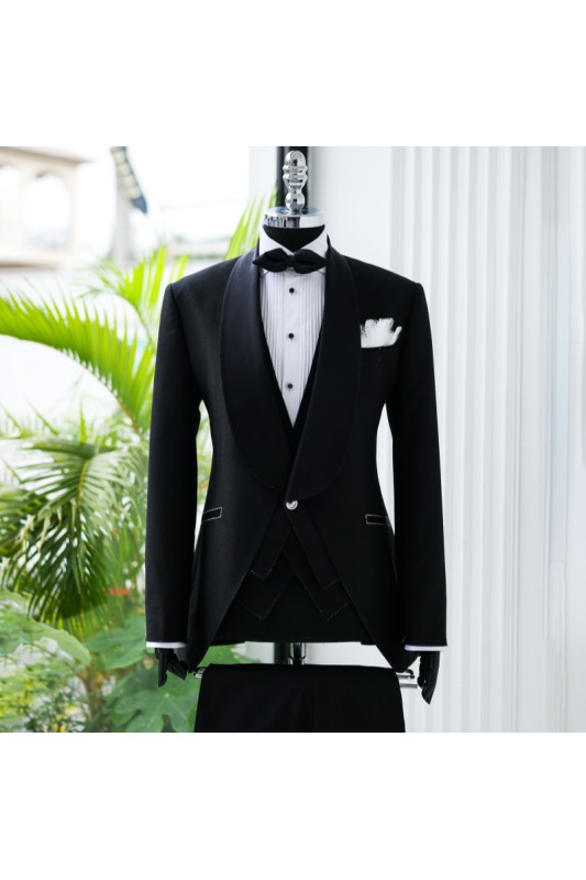 King Modern Black Shawl Lapel Three Pieces Wedding Men Suits
