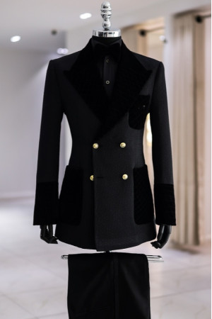 Lester Fashion Black Peaked Lapel Jacquard Double Breasted Men Suits For Prom