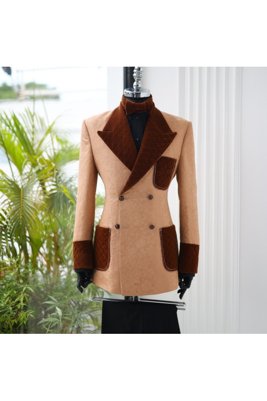 Nigel Handsome Caramel Peaked Lapel Double Breasted Jacquard Men Suits For Prom