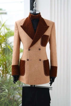 Nigel Handsome Caramel Peaked Lapel Double Breasted Jacquard Men Suits For Prom Nigel Handsome Caramel Peaked Lapel Double Breasted Jacquard Men Suits For Prom