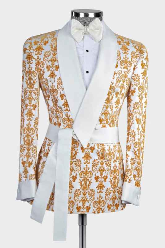 Peter Smart White Shawl Lapel Double Breasted Gold Jacquard Men Suits For Prom