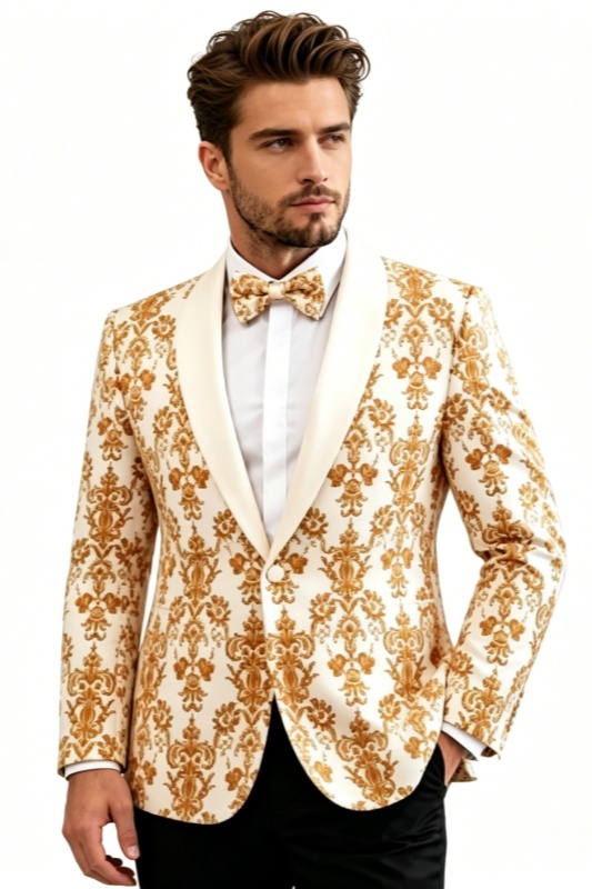 Regan White Shawl Lapel Gold Jacquard Men Suits For Prom