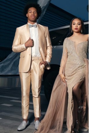 Kenneth Champagne Satin Shawl Lapel Close Fitting Prom Men Suits