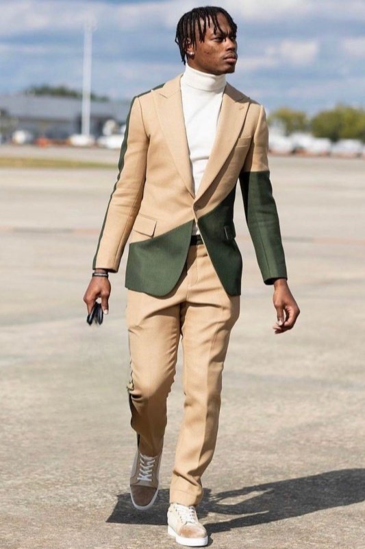 Neil Chic Khaki And Green Peaked Lapel Close Fitting Prom Outfits