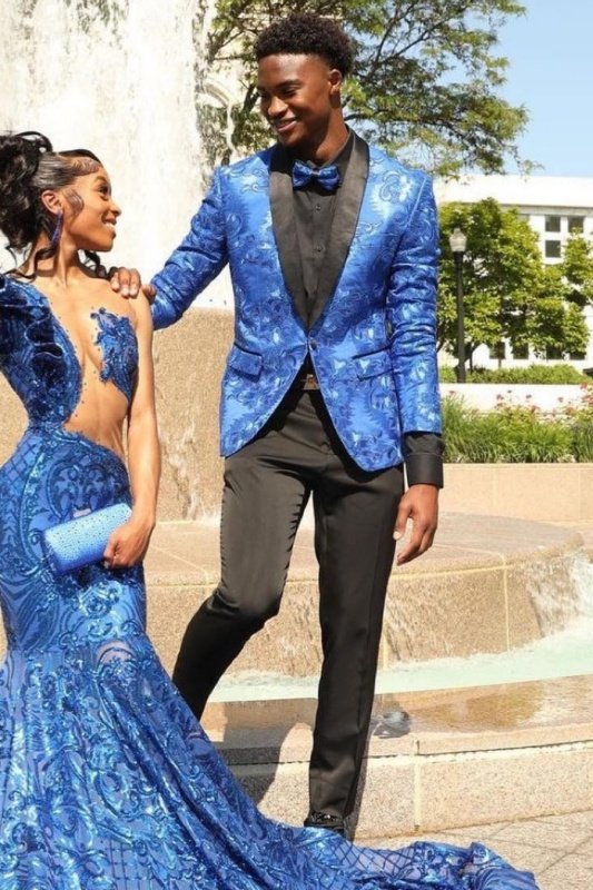 Raymond Handsome Blue Jacquard Shawl Lapel Prom Outfits Raymond Handsome Blue Jacquard Shawl Lapel Prom Outfits