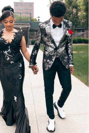 Verne Modern Black Jacquard Notched Lapel Best Fitted Prom Men Suits