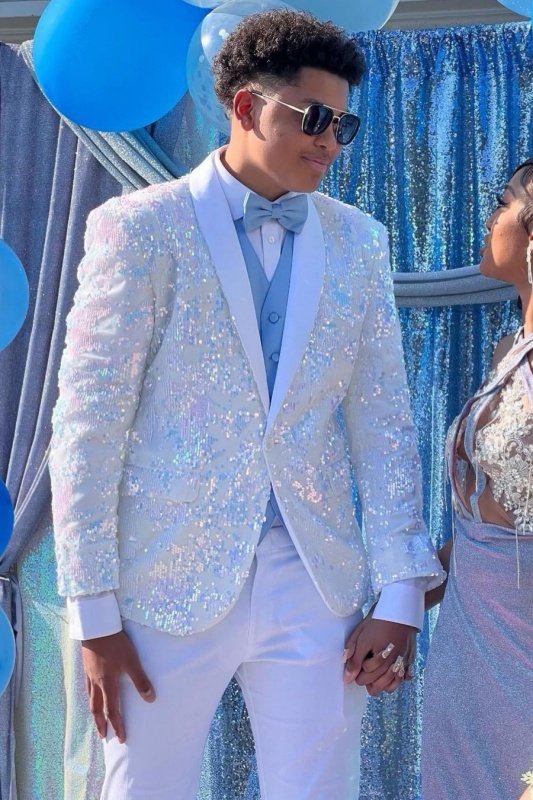 Nelson Fancy White Sequins Shawl Lapel Slim Fit Prom Men Suits