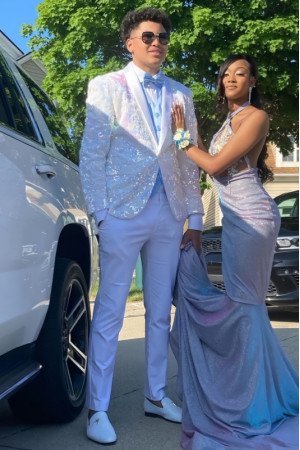 Nelson Fancy White Sequins Shawl Lapel Slim Fit Prom Men Suits