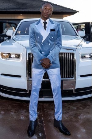 Marcus Fashion Gray Blue Velvet  Peaked Lapel Double Breasted Prom Outfits