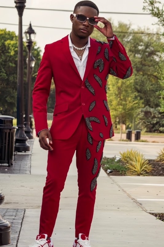 Sean Fancy Red Notched Lapel Appliques Prom Men Suits