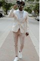 Carlson Beige Peaked Lapel Jacquard Three Pieces Close Fitting Men Suits 