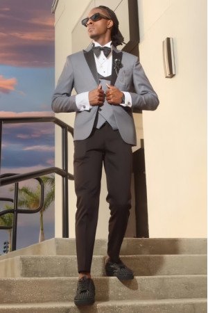 Dennis Simple Gray Peaked Lapel Three Pieces Close Fitting Men Suits