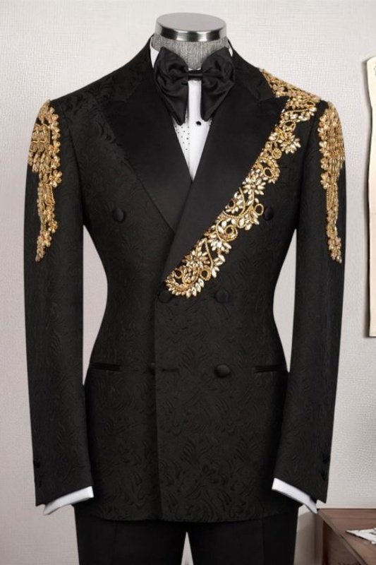 Gilbert Black Jacquard Peaked Lapel Double Breasted Appliques Best Fitted Wedding Men Suits Gilbert Black Jacquard Peaked Lapel Double Breasted Appliques Best Fitted Wedding Men Suits