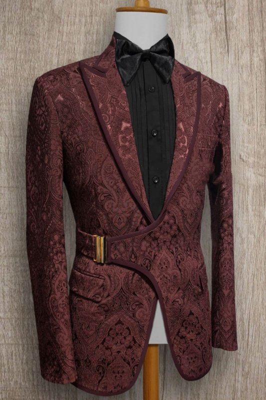 Hayden Fashion Burgundy Jacquard Peaked Lapel Slim Fit Wedding Men Suits Hayden Fashion Burgundy Jacquard Peaked Lapel Slim Fit Wedding Men Suits