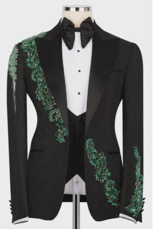 Jeremy Fancy Black Jacquard Peaked Lapel Three Pieces Wedding Men Suits With Green Appliques Jeremy Fancy Black Jacquard Peaked Lapel Three Pieces Wedding Men Suits With Green Appliques