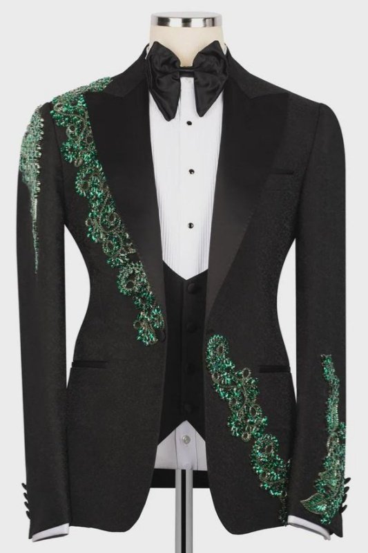 Jeremy Fancy Black Jacquard Peaked Lapel Three Pieces Wedding Men Suits With Green Appliques Jeremy Fancy Black Jacquard Peaked Lapel Three Pieces Wedding Men Suits With Green Appliques
