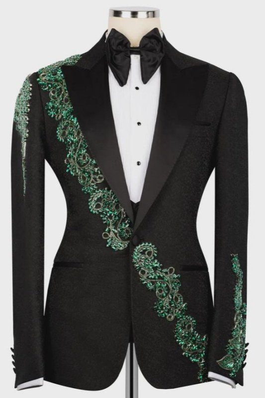 Jeremy Fancy Black Jacquard Peaked Lapel Three Pieces Wedding Men Suits With Green Appliques Jeremy Fancy Black Jacquard Peaked Lapel Three Pieces Wedding Men Suits With Green Appliques