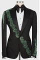 Jeremy Fancy Black Jacquard Peaked Lapel Three Pieces Wedding Men Suits With Green Appliques Jeremy Fancy Black Jacquard Peaked Lapel Three Pieces Wedding Men Suits With Green Appliques
