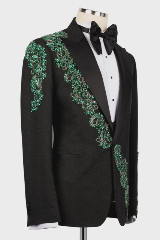 Jeremy Fancy Black Jacquard Peaked Lapel Three Pieces Wedding Men Suits With Green Appliques Jeremy Fancy Black Jacquard Peaked Lapel Three Pieces Wedding Men Suits With Green Appliques
