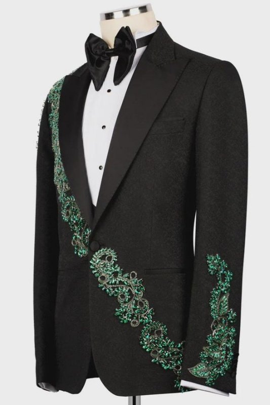 Jeremy Fancy Black Jacquard Peaked Lapel Three Pieces Wedding Men Suits With Green Appliques Jeremy Fancy Black Jacquard Peaked Lapel Three Pieces Wedding Men Suits With Green Appliques