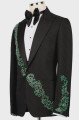 Jeremy Fancy Black Jacquard Peaked Lapel Three Pieces Wedding Men Suits With Green Appliques Jeremy Fancy Black Jacquard Peaked Lapel Three Pieces Wedding Men Suits With Green Appliques