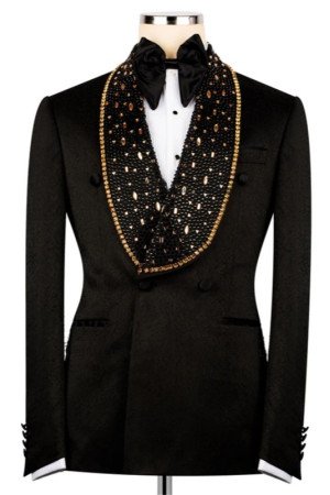 Knox Modern Black Shawl Lapel Double Breasted Wedding Men Suits With Beadings