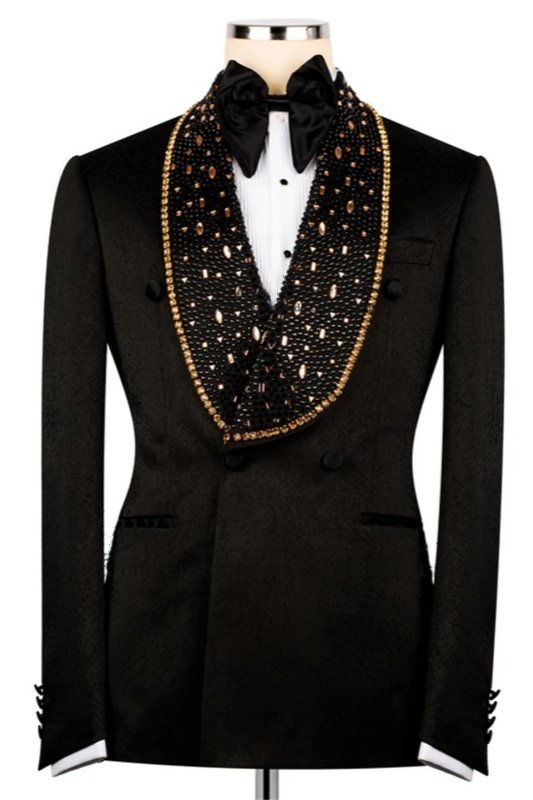 Knox Modern Black Shawl Lapel Double Breasted Wedding Men Suits With Beadings Knox Modern Black Shawl Lapel Double Breasted Wedding Men Suits With Beadings