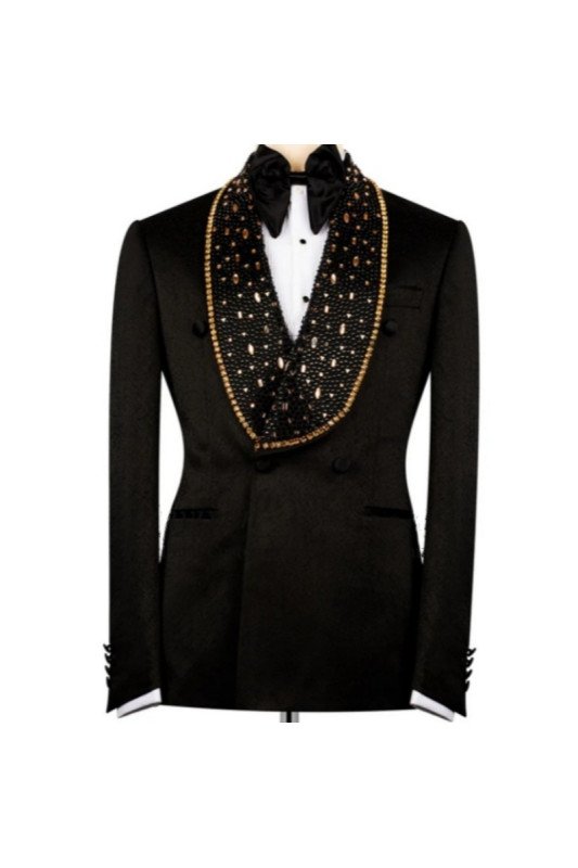 Knox Modern Black Shawl Lapel Double Breasted Wedding Men Suits With Beadings Knox Modern Black Shawl Lapel Double Breasted Wedding Men Suits With Beadings
