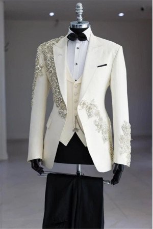 Barton Smart White Peaked Lapel Three Pieces Appliques Wedding Men Suits