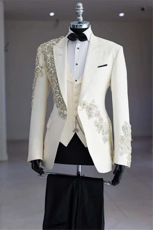 Barton Smart White Peaked Lapel Three Pieces Appliques Wedding Men Suits Barton Smart White Peaked Lapel Three Pieces Appliques Wedding Men Suits