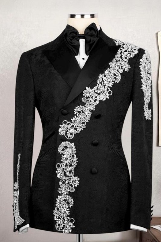 Lionel Fashion Black Jacquard Double Breasted Appliques Wedding Men Suits Lionel Fashion Black Jacquard Double Breasted Appliques Wedding Men Suits