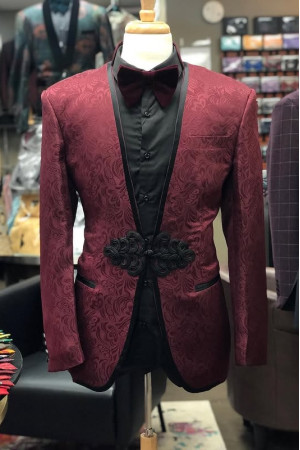 Aaron Stylish Burgundy Shawl Lapel Jacquard Wedding Men Suits Aaron Stylish Burgundy Shawl Lapel Jacquard Wedding Men Suits