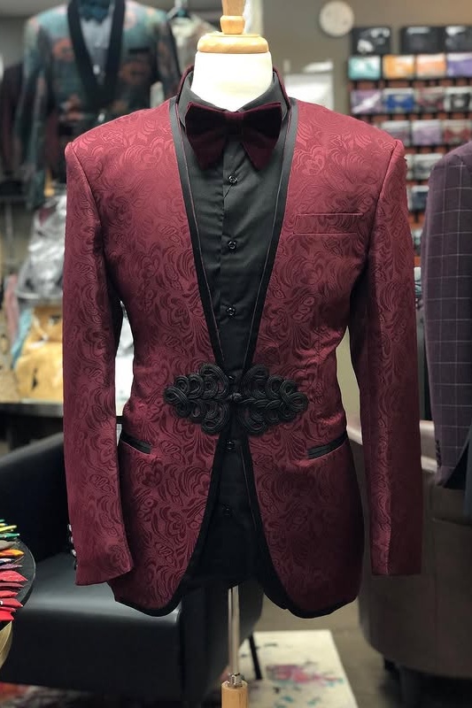 Aaron Stylish Burgundy Shawl Lapel Jacquard Wedding Men Suits Aaron Stylish Burgundy Shawl Lapel Jacquard Wedding Men Suits
