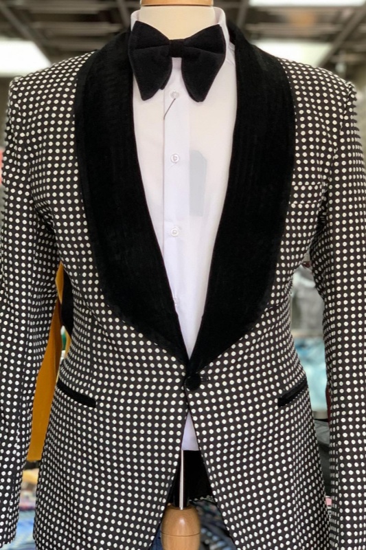 Caden Chic Black Shawl Lapel Dot Best Fitted Wedding Men Suits Caden Chic Black Shawl Lapel Dot Best Fitted Wedding Men Suits