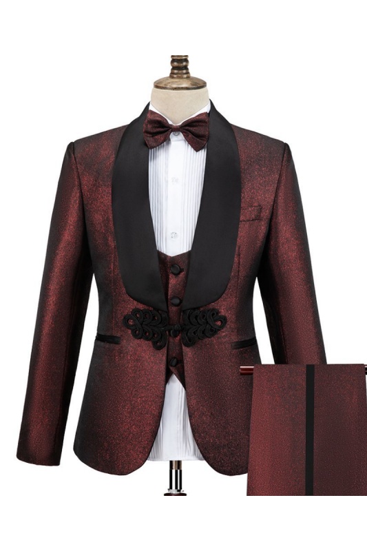 Dana Fashion Burgundy Shawl Lapel Three Pieces Jacquard Wedding Men Suits