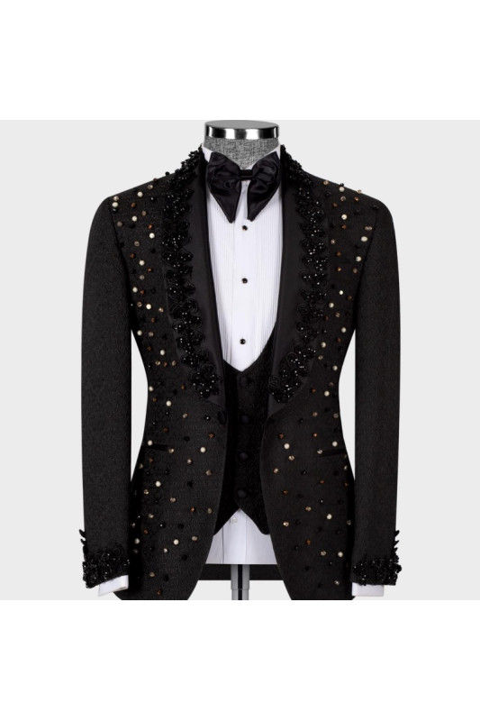 Caesar Handsome Black Shawl Lapel Jacquard Three Pieces Men Suits With Beadings