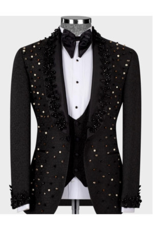Caesar Handsome Black Shawl Lapel Jacquard Three Pieces Men Suits With Beadings