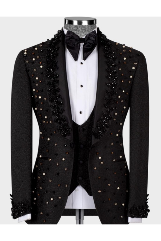 Caesar Handsome Black Shawl Lapel Jacquard Three Pieces Men Suits With Beadings