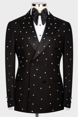 Fabian Fashion Black Peaked Lapel Double Breasted Beadings Men Suits