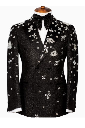 Ian Black Sequins Peaked Lapel Double Breasted Appliques Men Suits