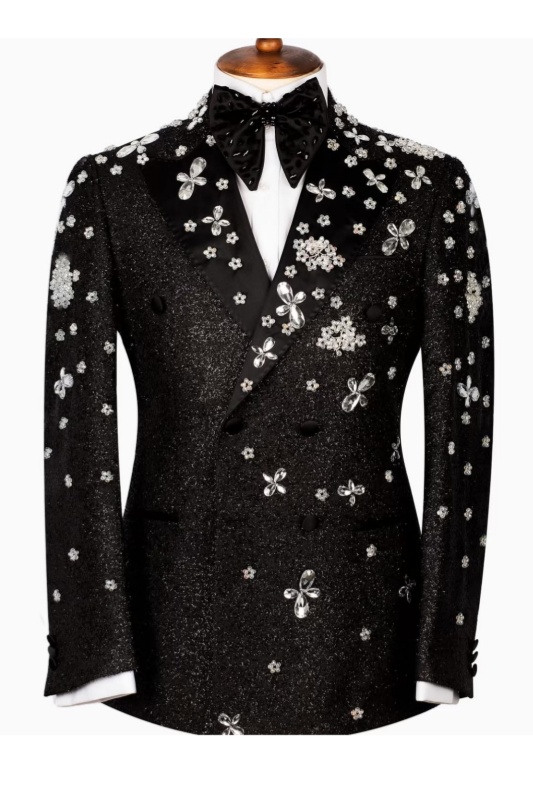 Ian Black Sequins Peaked Lapel Double Breasted Appliques Men Suits Ian Black Sequins Peaked Lapel Double Breasted Appliques Men Suits
