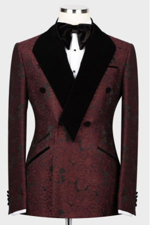 Keith Stylish Burgundy Jacquard Double Breasted Wedding Men Suits With Velvet Shawl Lapel Keith Stylish Burgundy Jacquard Double Breasted Wedding Men Suits With Velvet Shawl Lapel