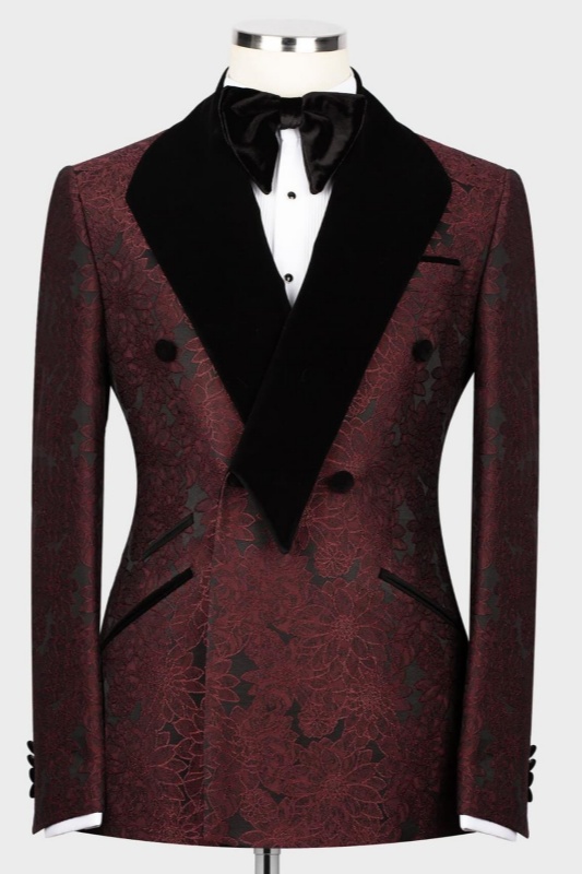 Keith Stylish Burgundy Jacquard Double Breasted Wedding Men Suits With Velvet Shawl Lapel Keith Stylish Burgundy Jacquard Double Breasted Wedding Men Suits With Velvet Shawl Lapel