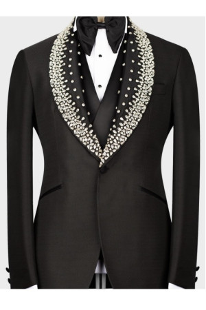 Lambert Smart Black Shawl Lapel Three Pieces Wedding Men Suits With Beadings