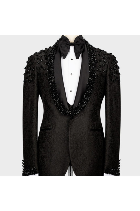 Madison Black Jacquard Shawl Lapel Beadings Three Pieces Wedding Men Suits Madison Black Jacquard Shawl Lapel Beadings Three Pieces Wedding Men Suits
