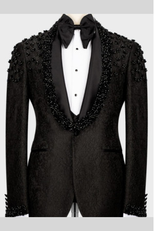 Madison Black Jacquard Shawl Lapel Beadings Three Pieces Wedding Men Suits