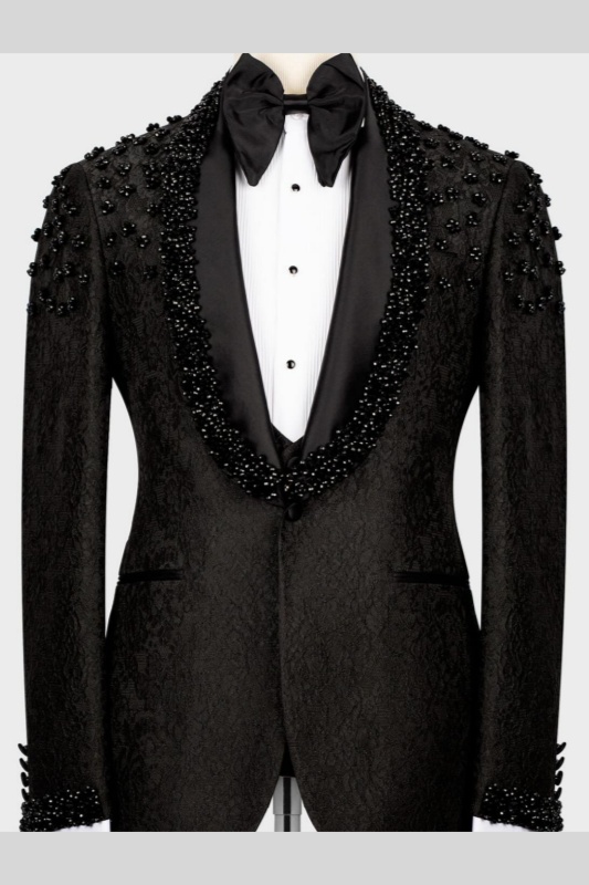 Madison Black Jacquard Shawl Lapel Beadings Three Pieces Wedding Men Suits Madison Black Jacquard Shawl Lapel Beadings Three Pieces Wedding Men Suits
