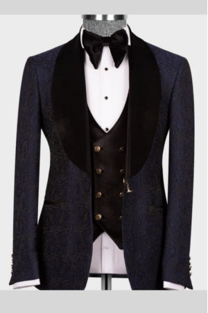 Nash Dark Navy Jacquard Three Pieces Men Suits With Velvet Shawl Lapel Nash Dark Navy Jacquard Three Pieces Men Suits With Velvet Shawl Lapel