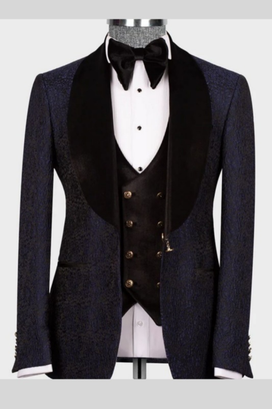 Nash Dark Navy Jacquard Three Pieces Men Suits With Velvet Shawl Lapel Nash Dark Navy Jacquard Three Pieces Men Suits With Velvet Shawl Lapel